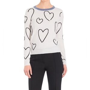 Escada luxury Cream Sweater with Black Heart Design and Blue Neckline